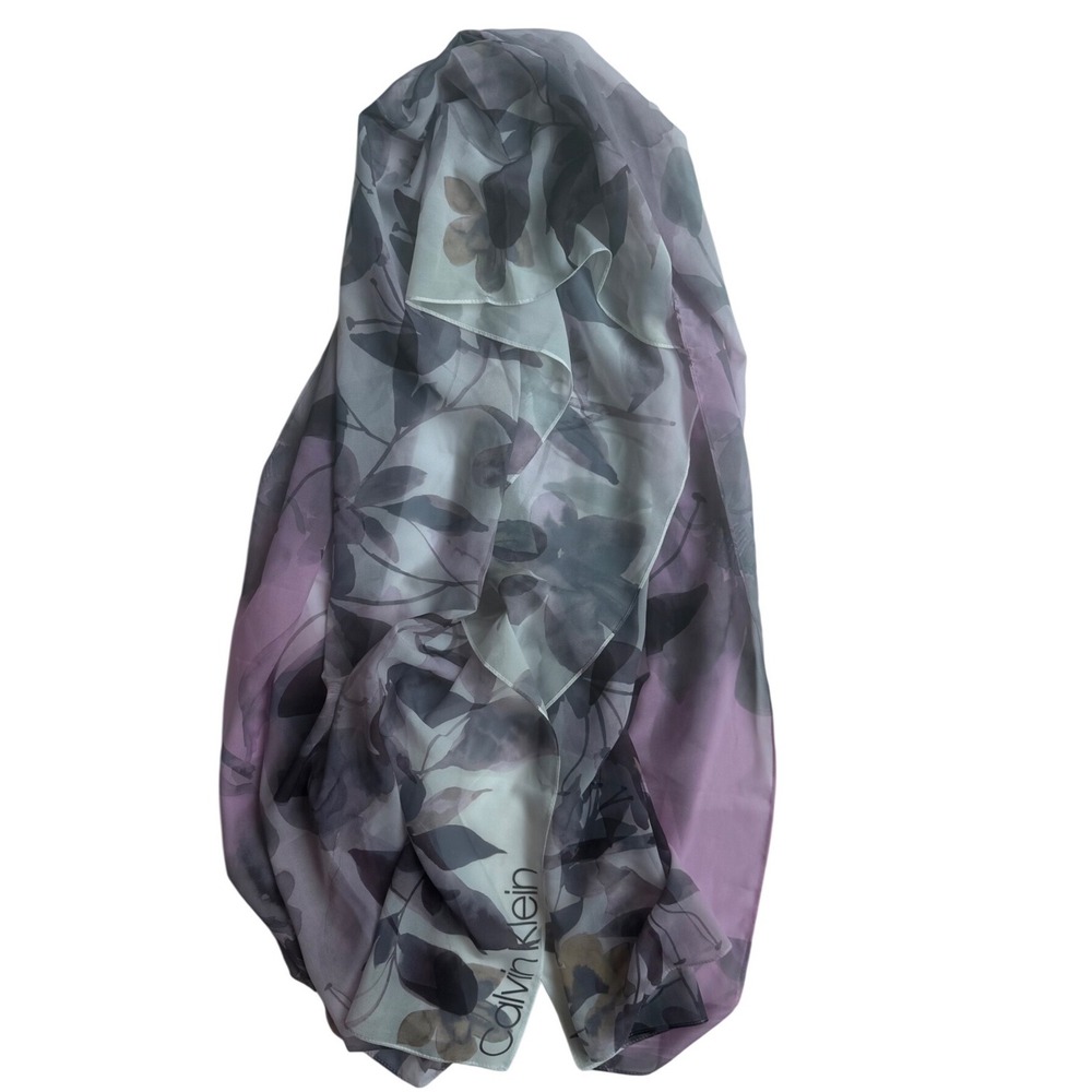 Calvin Klein Lavender Grey Floral Sheer Lightweight Scarf Watercolor Print